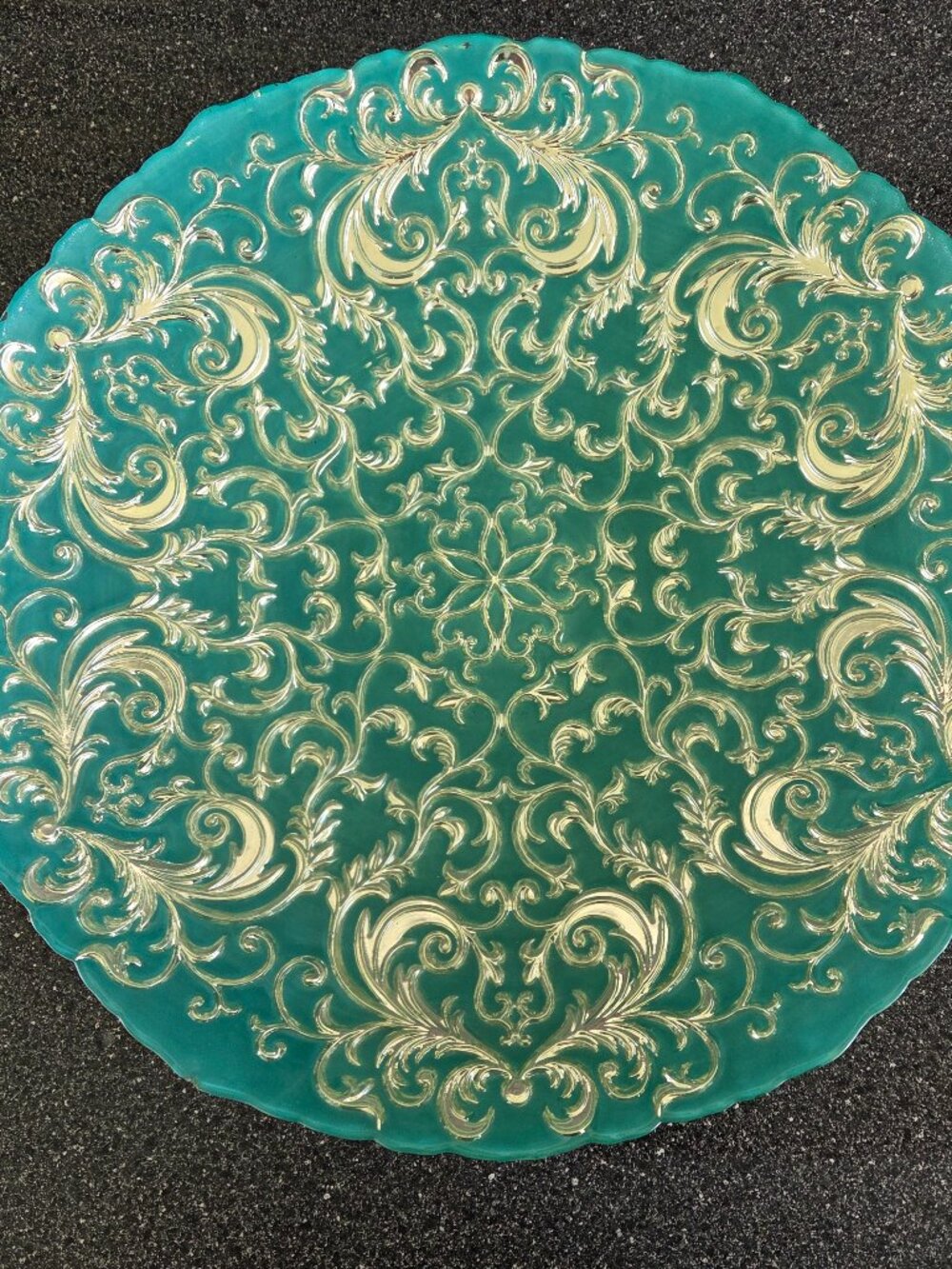 Turkish Plate, Turquoise, Reverse Painted Silver Back, 15.5" Baroque Art Deco